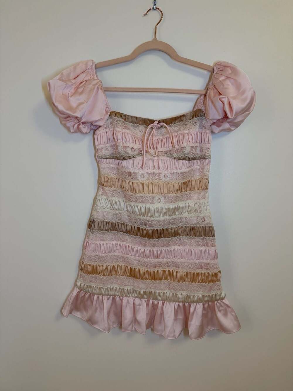 For Love & Lemons Pink and Gold Lace Ruffle Mini Dress Size XS - Picture 5 of 11